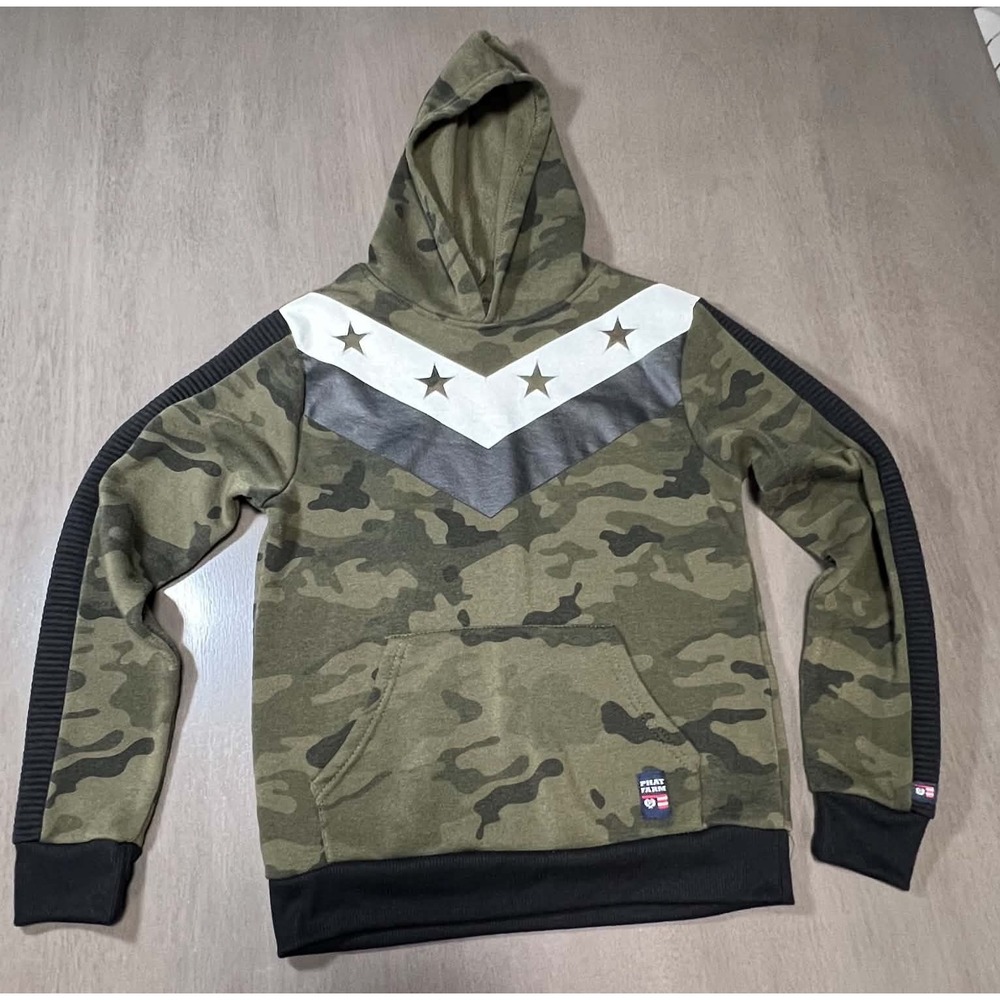 Phat Farm Boys Camo Hoodie Star Chevron Pullover Green Black Size M 10/12